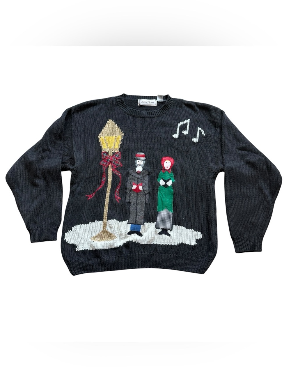 Vintage 90s Sharon Young M Christmas Sweater Carolers Black Cotton Holiday Knit
